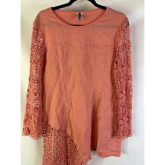 XCVI Linen Crochet Sleeves Contrast Tunic Shirt Pink Coastal - Picture 3 of 9